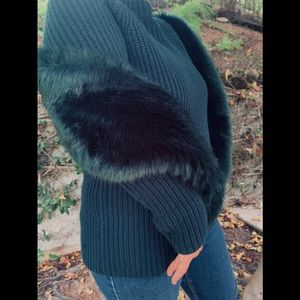 Green Sweater With Green Faux Fur Scarf.